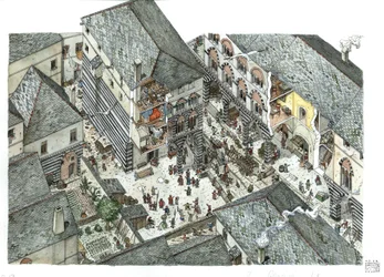 Mittelalter: Ansicht eines Palastes des Kaufmannsadels (Curia oder curia) von Genua im 15. Jahrhundert, Straßenszenen, Italien. Illustration von Giorgio Albertini.