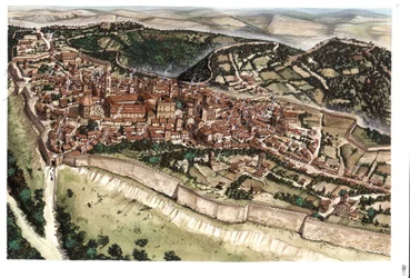 Mittelalter: Ansicht der mittelalterlichen Stadt Volterra, umgeben von Stadtmauern, im 14. Jahrhundert. Toskana, Italien. Illustration von Giorgio Albertini.
