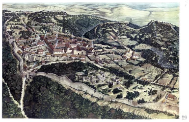 Mittelalter: Ansicht der mittelalterlichen Stadt Volterra, umgeben von Stadtmauern, im 10. Jahrhundert. Toskana, Italien. Illustration von Giorgio Albertini.