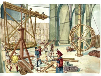 Renaissance: Rekonstruktion der Baustelle der Kuppel der Kirche Santa Maria del Fiore (Duomo) nach den Plänen des Architekten Filippo Brunelleschi. 1436. Florenz, Italien. Illustration von Giorgio Albertini.
