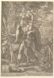 Allegorie der Jagd, ein Jäger mit einem großen Speer trägt eine Frau Diana auf seiner Schulter..., 1556