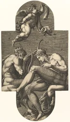 Apollo, Pan und ein Putto, der ein Horn bläst, aus einer Serie von acht Kompositionen nach Frankreich