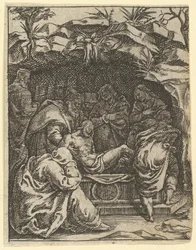 Die Jungfrau der Schmerzen: Die Grablegung, eines von neun umliegenden Fächern, vor 1575