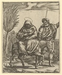 Die Jungfrau der Schmerzen: Die Flucht nach Ägypten, eines von neun umliegenden Fächern, vor 1575