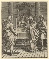 Jungfrau der Schmerzen: Die Darstellung im Tempel, eines von neun umliegenden Fächern, vor 1575