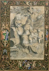 Rand eines illuminierten Manuskripts, das eine Zeichnung nach Raphaels Die Heilige Familie unter der Eiche umgibt (zugeschrieben Clovio)