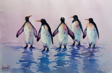 Fünf Gehende Pinguine