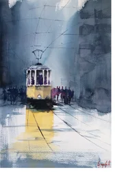 Regnerische Stadt Straßenbahn