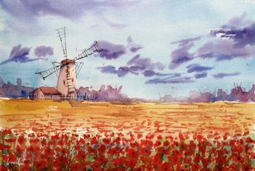 Lebhaftes Windmühlen-Mohnfeld