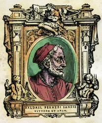 Porträt von Baldassarre Peruzzi (1481-1536) sienesischer Architekt und Maler. Gravur aus "Die Leben" von Giorgio Vasari (1511-1574) 1568