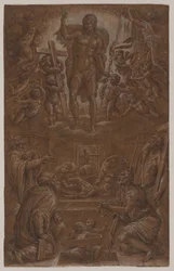 Der auferstandene Christus, von Heiligen und Engeln verehrt