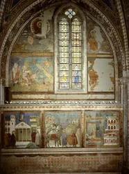 Szenen aus dem Leben des Heiligen Franziskus: Der einfache Mann ehrt den Heiligen Franziskus; Der Heilige Franziskus gibt dem armen Ritter seinen Mantel; Der Heilige Franziskus sieht im Traum einen Palast voller Waffen