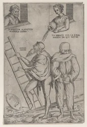 Ein Mann klettert eine Leiter hinauf, während eine Frau Wasser von oben auf ihn gießt, 1575-99