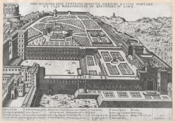 Speculum Romanae Magnificentiae: Luftansicht des Belvedere und seiner Gärten, 1579