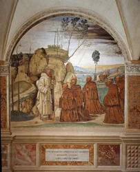 Wie Benedikt das Gebet der Einsiedler erhört und sich bereit erklärt, ihr Anführer zu werden. Fresko des Kreuzgangs von Antonio Bazzi, genannt il Sodoma (1477-1549), das vom Leben des heiligen Benedikt von Nursia (480-567), des Gründers des