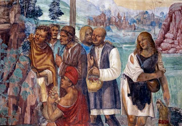 Wie Benedikt die heilige Lehre den Bauern beibringt, die ihn besuchen (Detail) (Fresko von Antonio Bazzi)