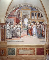 Wie Fiorenzo Prostituierte ins Kloster schickt - Fresko des Kreuzgangs von Antonio Bazzi genannt il Sodoma (1477 - 1549), das das Leben von St. Benedikt von Nursia (480 - 567) erzählt, Gründer des Benediktinerordens