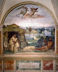 St. Benedikt triumphiert über die Versuchung, indem er sich nackt in einen Dornenbusch wirft, während ein Engel gegen den Dämon kämpft, Fresko des Refektoriums der Mönche von Antonio Bazzi genannt il Sodoma (1477 - 1549), das das Leben von St. Benedikt (48