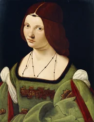 Porträt einer Dame, vermutlich Clarice Pusterla, Halbfigur in einem grünen Kleid