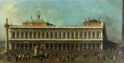Die Bibliothek und die Piazzetta, Venedig, Blick nach Westen mit zahlreichen Figuren und einer Puppenshow, ca. 1740