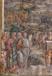 Der heilige Antonius kommt in Padua an, wo er mit der Kraft und Süße seiner Predigt Frieden zwischen den Bürgern wiederherstellt, Schule des Heiligen, (Detail)