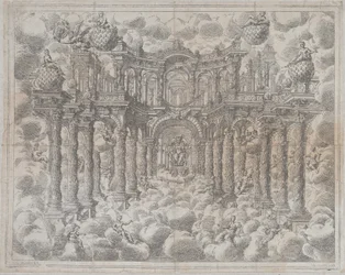 Bühnenbild mit allegorischen Figuren, die unter den Wolken sitzen, 1690