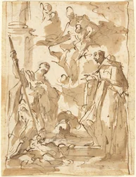 Die Madonna und das Kind in Herrlichkeit mit dem heiligen Theodor und einem monastischen Heiligen