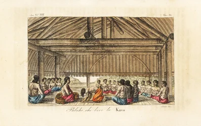 König Polaho trinkt Kava in einem Langhaus, Tonga (Freundliche Inseln). Handkolorierter Kupferstich von Sasso nach John Webber aus Giulio Ferrarios Alte und moderne Kostüme aller Völker der Welt, Florenz, Italien