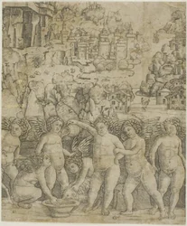 Sieben Cupidos mit zwei Widdern in einer Landschaft