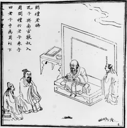 Lao Tzu trifft Konfuzius. Chinesische Gravur.