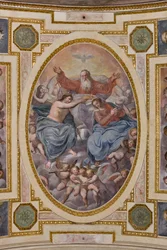 Genua, Duomo (St. Laurentius-Kathedrale), innen, Lercari-Kapelle oder Kapelle des Allerheiligsten Sakraments (nördliche Apsis), Gewölbe: "Krönung der Jungfrau", Fresko von Giovanni Battista Castello, bekannt als Bergamasco