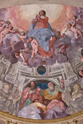 Genua, Duomo (St. Laurentius-Kathedrale), innen, Die Lercari-Kapelle oder Die Kapelle des Allerheiligsten Sakraments (nördliche Apsis), Apsis: "Mariä Himmelfahrt", Fresko von Giovanni Battista Castello, bekannt als Bergamasco