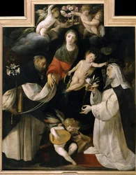 Madonna des Rosenkranzes (Die Madonna del Rosario). Ein Rosenkranz wird auf den Kopf der Jungfrau gelegt, während zwei Heilige ihr weiße Lilien, Rosenkränze und Herzen überreichen, die den Glauben symbolisieren. Gemälde von Giovan (Giovanni) Battista Cresp