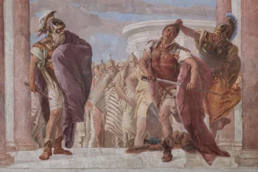 Palazzina (Kleines Gebäude): Ansicht des ersten Raums und seiner Fresken, die Episoden aus der Ilias darstellen: "Athena verhindert, dass Achilles sein Schwert gegen Agamemnon zieht", Detail