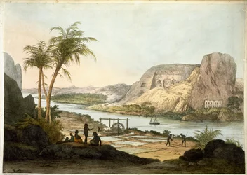 Außenansicht der beiden Tempel von Abu Simbul, aus Platten zur Veranschaulichung der Forschungen in Ägypten und Nubien, veröffentlicht 1822