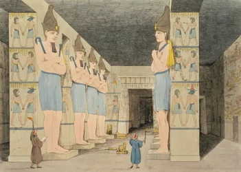 Blick ins Innere des von Giovanni Belzoni entdeckten Tempels in Ybsombul, Nubien, gestochen von Augustine Aglio (1777-1857), Tafel 48 aus „Plates Illustrative of the Researches in Egypt and Nubia“