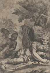 Ein Löwe auf einem gefallenen Reiter rechts, mit zwei anderen Soldaten links, 1640-70
