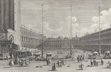 Ansicht der Piazza San Marco, mit der Kirche San Geminiano am Ende und Figuren, 1763