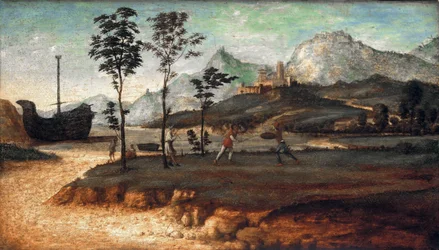 Küstenlandschaft mit zwei kämpfenden Männern, ca. 1510