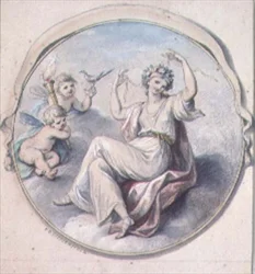 Venus bindet ihr Haar mit einem Kranz, begleitet von Cupidos