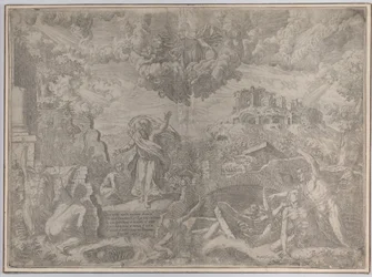 Die Vision von Ezechiel, mit den Toten, die auferstehen und ihr Fleisch anlegen, Gott der Vater oben, 1579