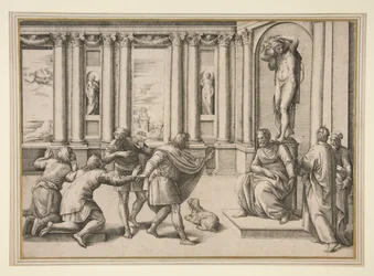 Mann sitzt unter einer Statue des Bacchus und empfängt eine Audienz