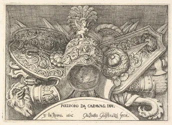 Platte 3: Trophäen römischer Waffen aus Dekorationen über den Fenstern im zweiten Stock ..., 1656