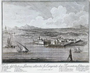 Ansicht des Hafens von Livorno, als er 1421 von den Florentinern gekauft wurde, Gravur aus der Sammlung der besten Ansichten der Stadt und des Hafens von Livorno