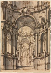 Entwurf für ein Bühnenbild: Innenraum eines Palastes mit Arkaden, Mitte 1700er