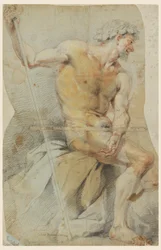 Zeichnung, Studie eines nackten älteren Mannes, Bacchus oder einer seiner Gefährten