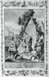 Kreuzfahrer bei der Belagerung von Jerusalem, Stich von Giovanni Battista Piazzetta (1683-1754) für Canto III von Jerusalem Delivered, von Torquato Tasso (1544-1595), veröffentlicht von Giovanni Battista Albrizzi, Venedig, Italien