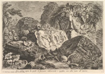 Antiker Altar, auf dem in der Antike Opfer dargebracht wurden, umgeben von anderen Ruinen, ca. 1750