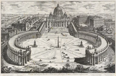 Ansicht der illustren vatikanischen Basilika mit weiter Portikus und angrenzendem Vorplatz