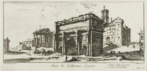 Bogen des Septimius Severus. 1. Tempel der Concordia. 2. Aufstieg zum Kapitolshügel, Tafel 13 aus Einige Ansichten von Triumphbögen und anderen Denkmälern